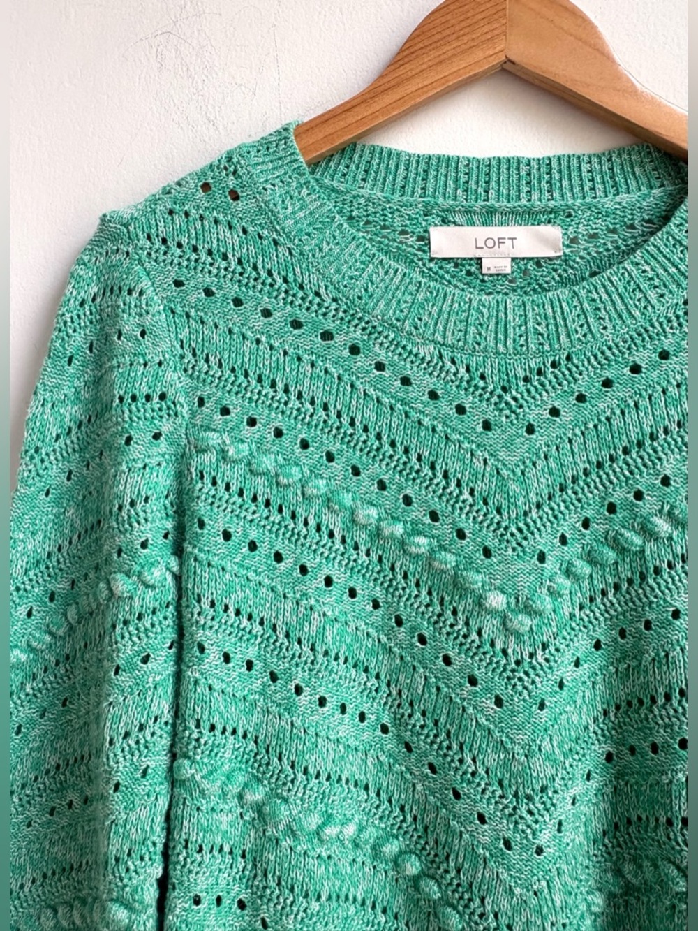 LOFT 100% cotton pretty sea foam green nubby open knit sweater size med M - Picture 2 of 3
